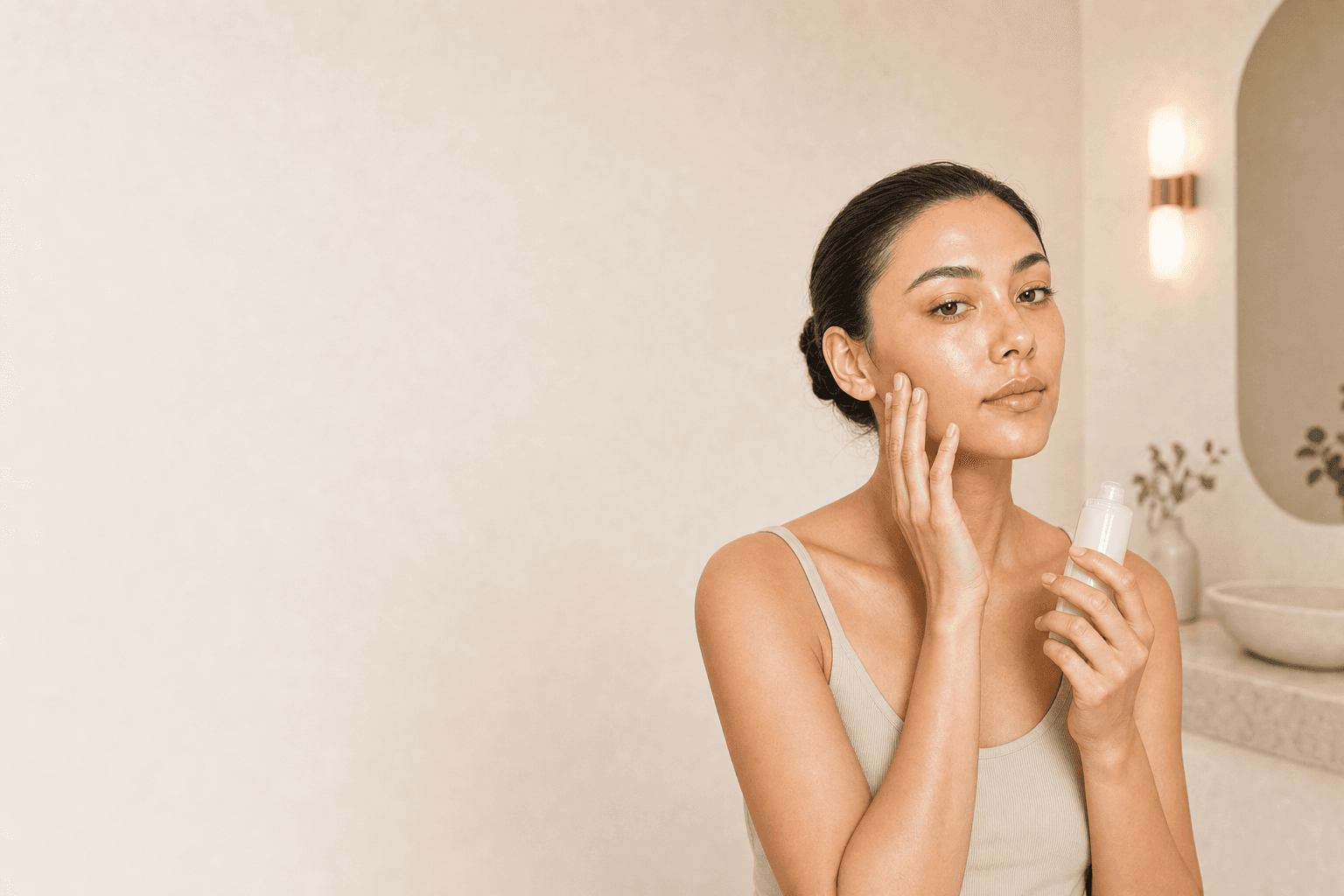 Editorial skincare portrait behind Lerin progress readings
